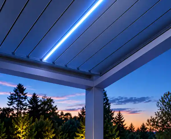Pergola bioclimatica in alluminio con tetto a lamelle orientabili e una striscia di illuminazione a LED integrata